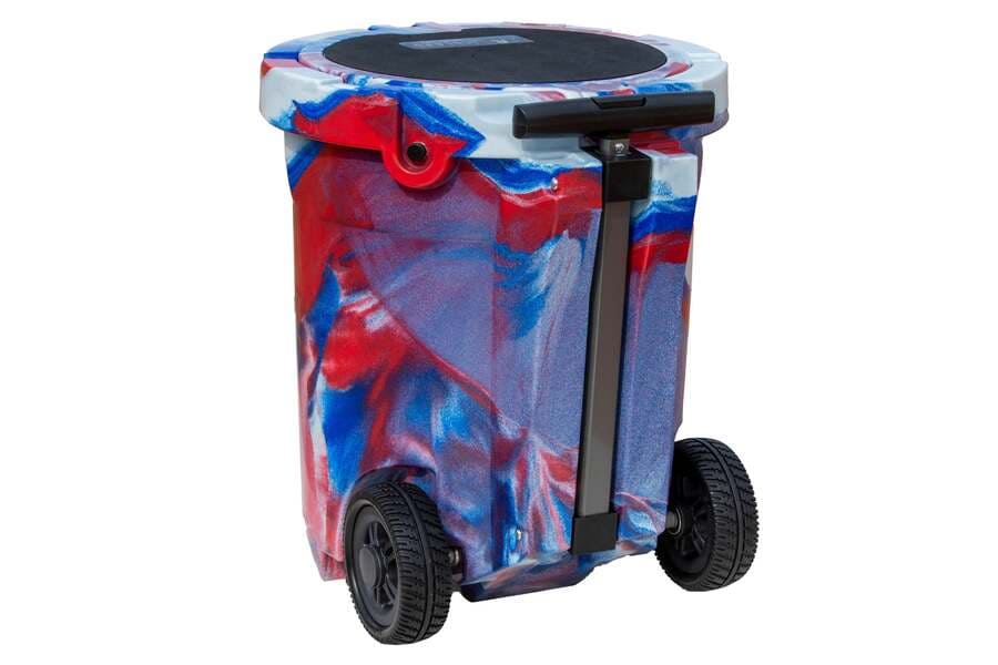 Back view of Iceland Coolers 7.5-gal red, white & blue wheeled cooler with telescoping handle—rugged and easy to transport.