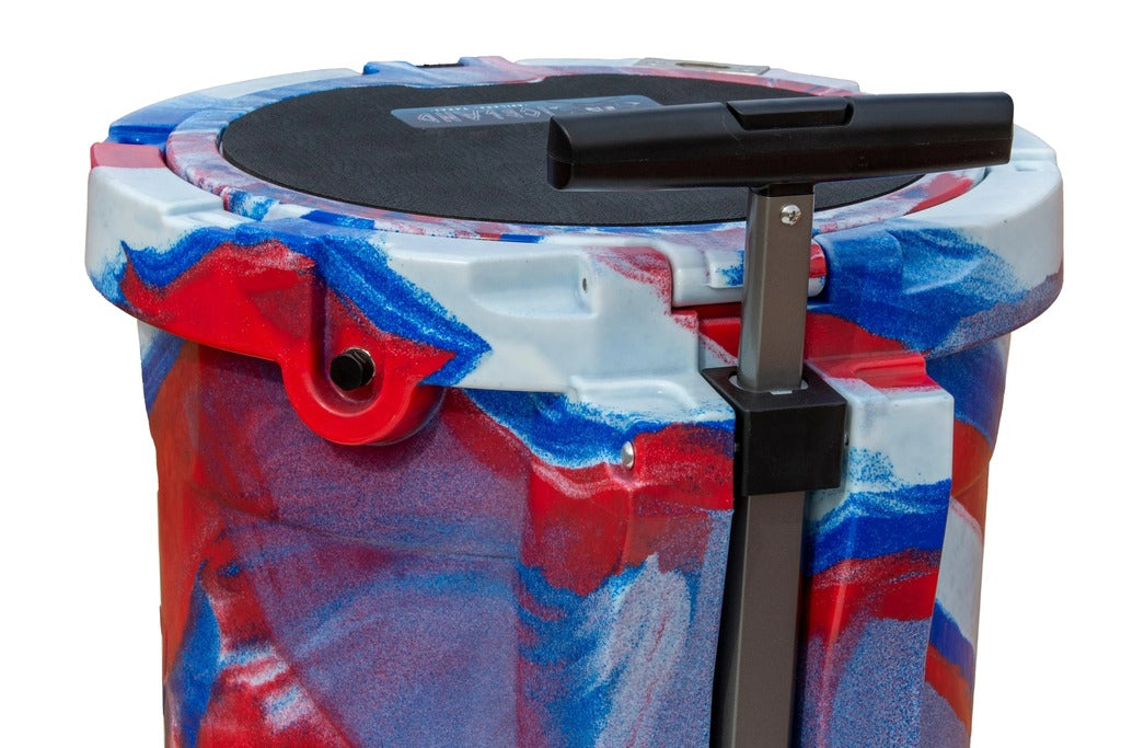 Close-up of Iceland Coolers 7.5-gal red, white & blue cooler showing textured lid and telescoping handle for easy rolling transport.