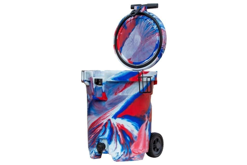Iceland Coolers 7.5-gal red, white & blue cooler with lid open, cup holder, wheels, and spout—patriotic design for outdoor use.