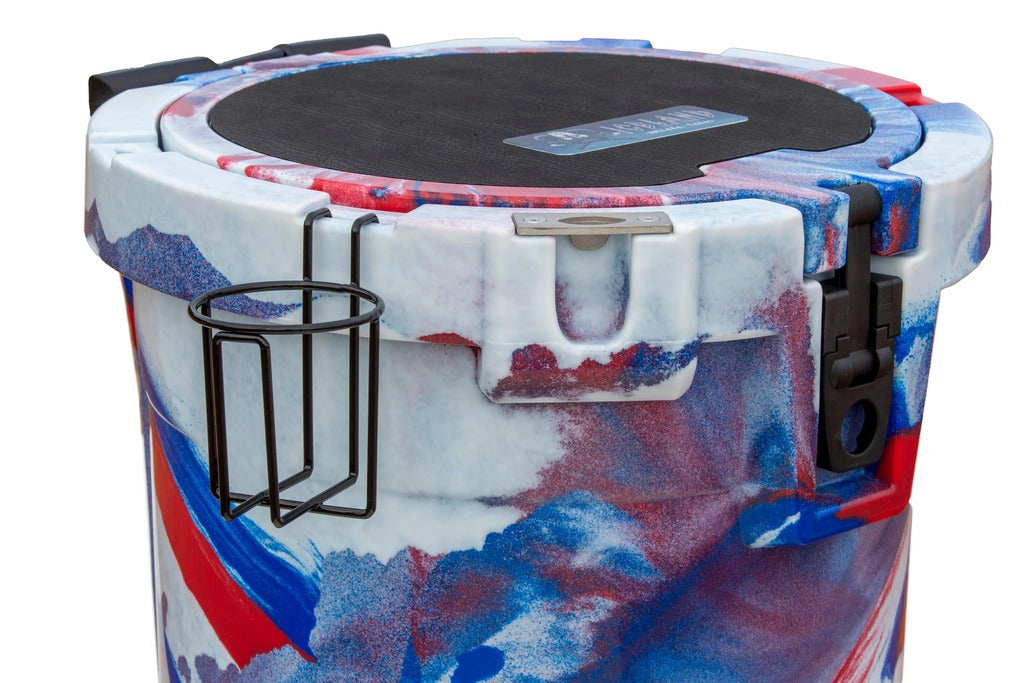 Close-up of Iceland Coolers 7.5-gal red, white & blue bucket cooler showing cup holder, secure latch, and textured black lid.
