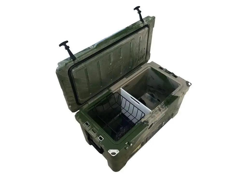 Open Iceland Coolers camo ice chest with cutting board divider and basket insert for organized food and gear storage.