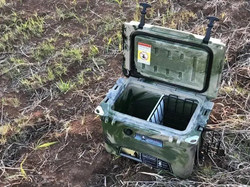 Iceland Coolers camo ice chest with cutting board divider and wire basket, open outdoors on grass and dirt terrain.