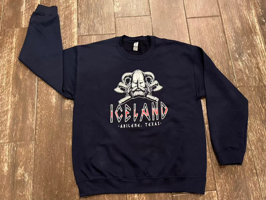 Navy Iceland Coolers crew neck sweatshirt with Viking skull and crossed axe graphic and “Abilene, Texas” lettering.