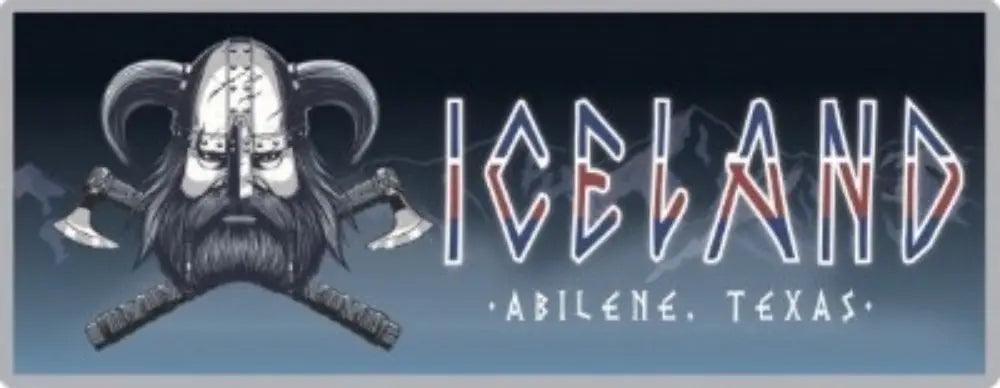 Iceland Coolers logo sticker featuring Viking helmet graphic, crossed axes, and stylized “ICELAND” text with “Abilene, Texas” below.
