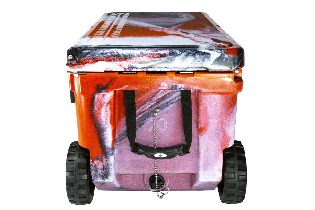 Rear view of Iceland Coolers Longship Series 70-quart cooler in red swirl design with wheels, handle strap, and drain plug.