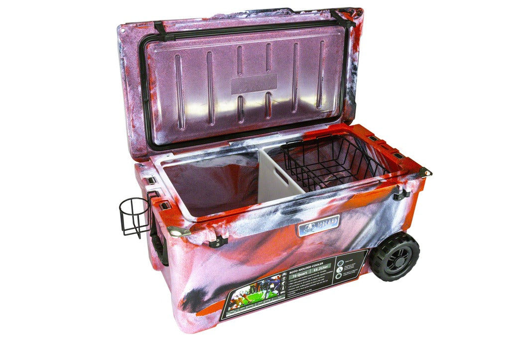 Iceland Coolers Longship Series 70-quart red swirl cooler with open lid, showing divider, dry basket, cup holder, and wheels.