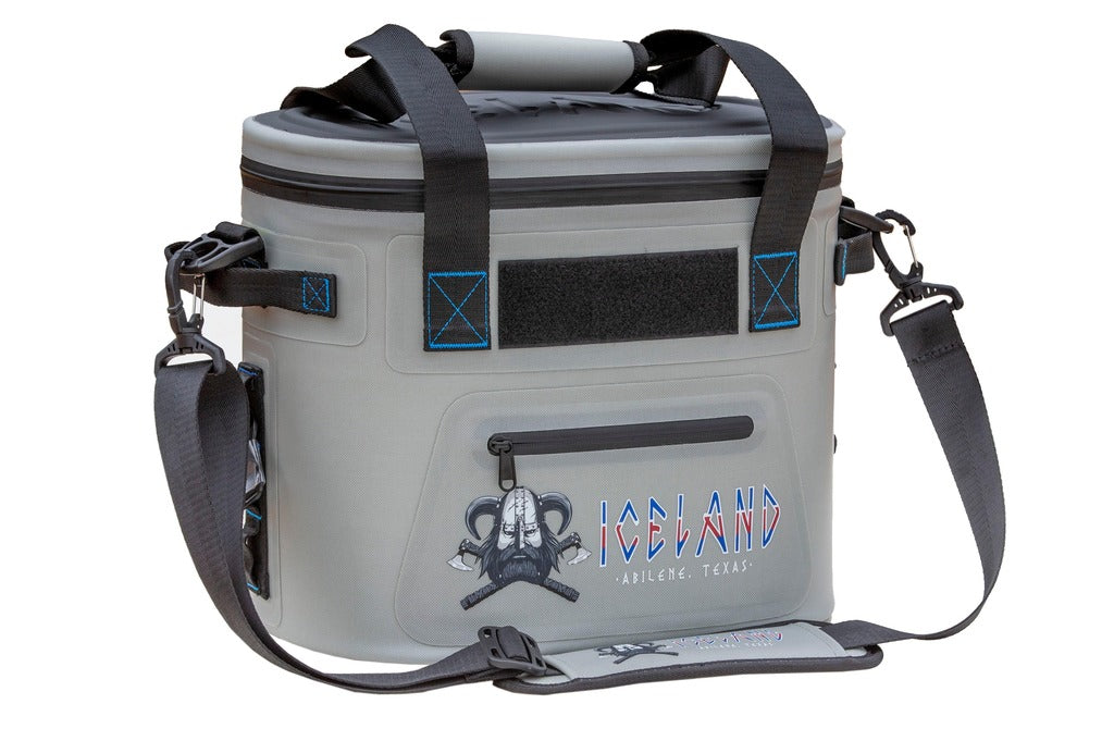 Gray Iceland Coolers Saga Series 12-can soft cooler with padded strap, blue trim, front pocket, and Viking logo branding.