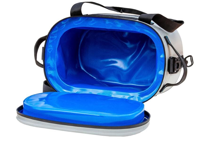 Interior view of Iceland Coolers Saga Series 12-can soft cooler with open lid, showing bright blue leakproof liner and wide storage space.