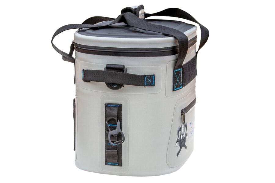 Side view of gray Iceland Coolers Saga Series 12-can soft cooler featuring bottle opener, front zipper pocket, and black strap.