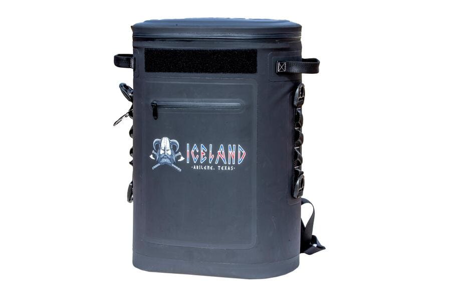 Front view of Iceland Coolers Saga Series 30-can soft cooler featuring front zip pocket and “Iceland Abilene, Texas” logo.