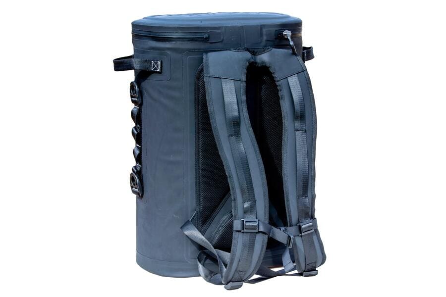 Rear view of Iceland Coolers Saga Series 30-can cooler backpack with padded shoulder straps and back support mesh.