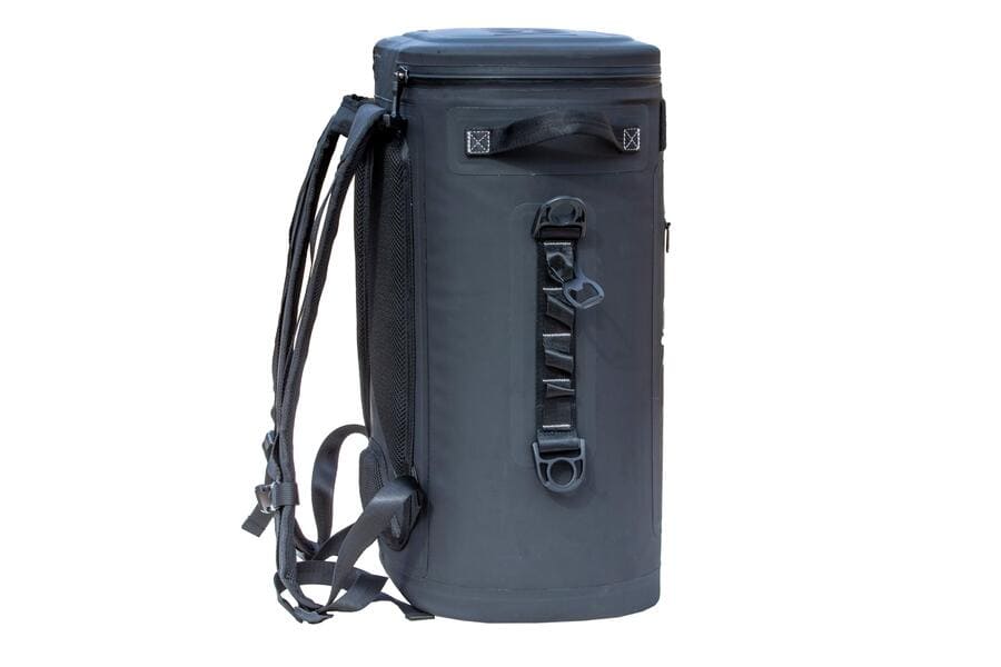Side view of Iceland Coolers Saga Series 30-can soft cooler showing padded backpack straps and MOLLE-style webbing.