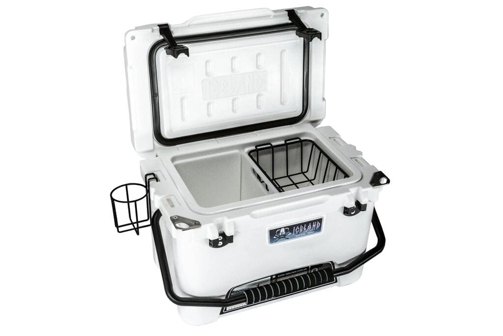 Open white Iceland Coolers Viking Series 20QT hard cooler with internal divider, basket, and side cup holder.