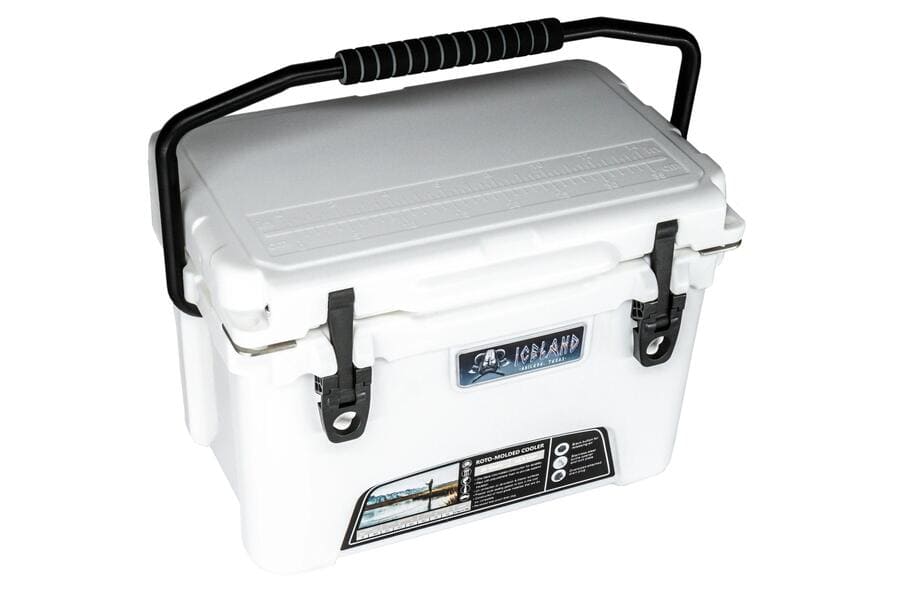 Closed white Iceland Coolers Viking Series 20QT hard cooler with sturdy carry handle and front branding badge.