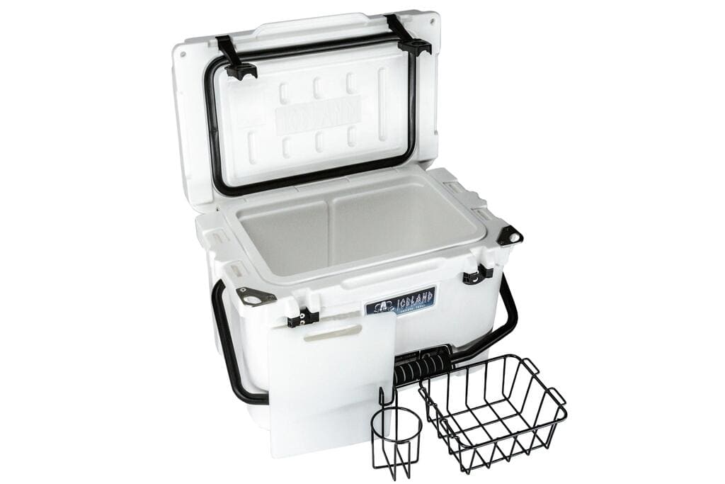 White Iceland Coolers Viking Series 20QT hard cooler with lid open, showing removable basket, divider, and cup holder.