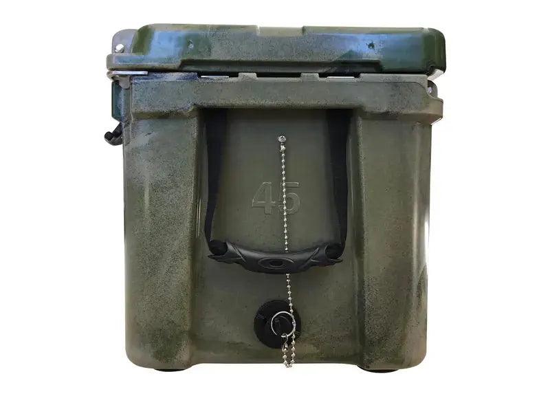 Side view of Iceland Coolers Viking Series 45 QT with molded handle, drain plug, and 45-quart capacity marking.