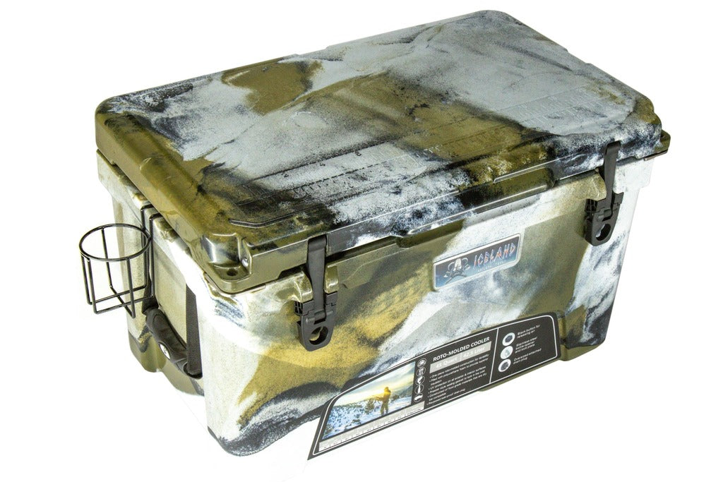 Top-angled view of camo Iceland Coolers Viking Series 45QT cooler with front latches and side cup holder.