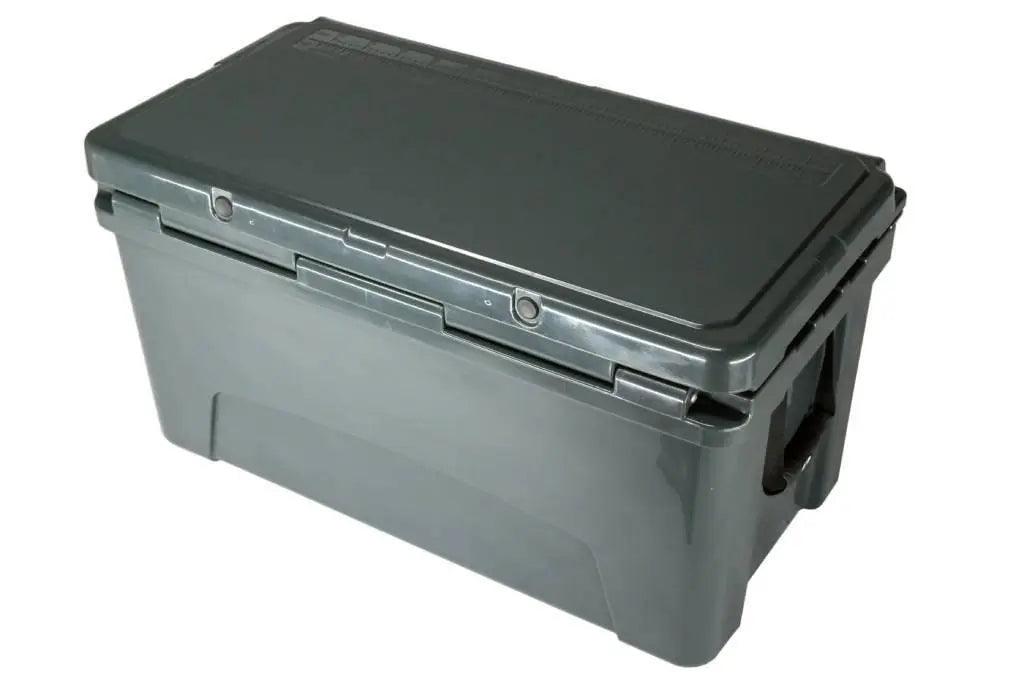 Angled rear view of closed Iceland Coolers Viking Series 75 QT in matte gray with molded handles and ruler on lid.