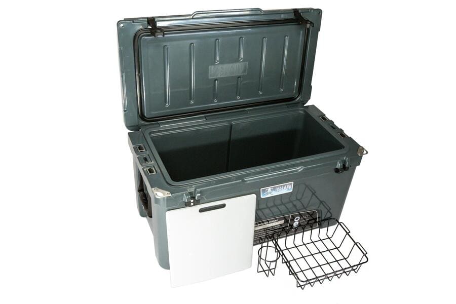 Iceland Coolers Viking Series 75 QT cooler in gray, shown open with removable divider and wire basket placed outside.