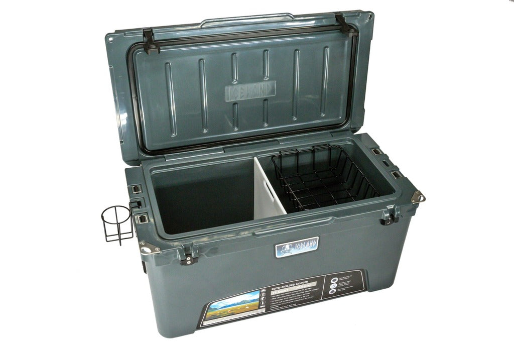 Open Iceland Coolers Viking Series 75 QT cooler in matte gray with divider, wire basket, and side cup holder.