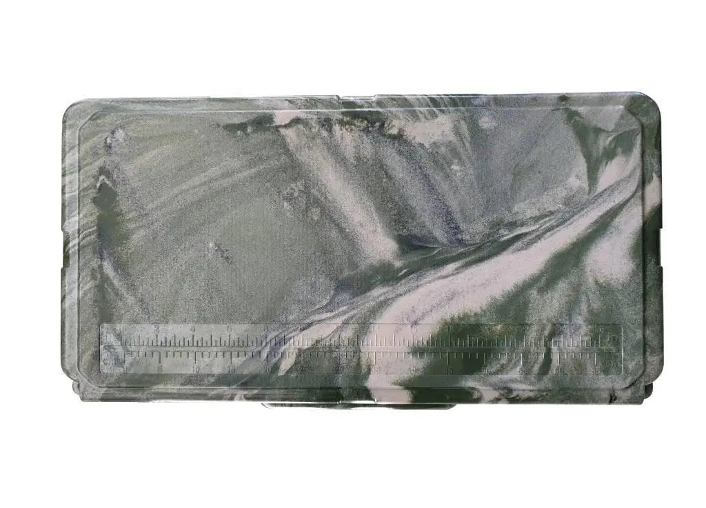 Top view of Iceland Coolers Viking Series 75 QT in arctic camo with built-in fish ruler molded into the lid.