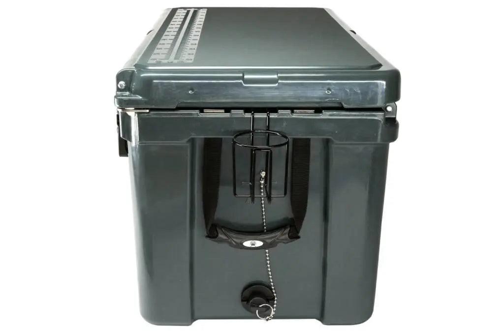 Side view of Iceland Coolers Viking Series 75 QT in gray with cup holder, padded handle, and drain plug with chain.