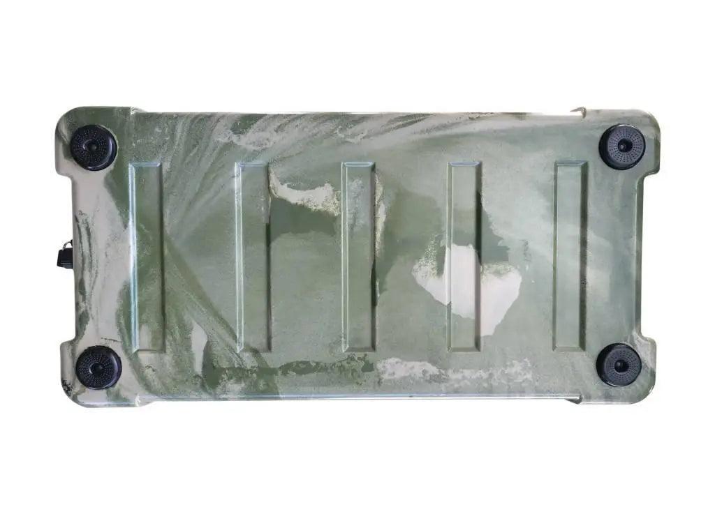 Bottom view of Iceland Coolers Viking Series 75QT in camo green, showing non-slip feet and molded ridges for stability.