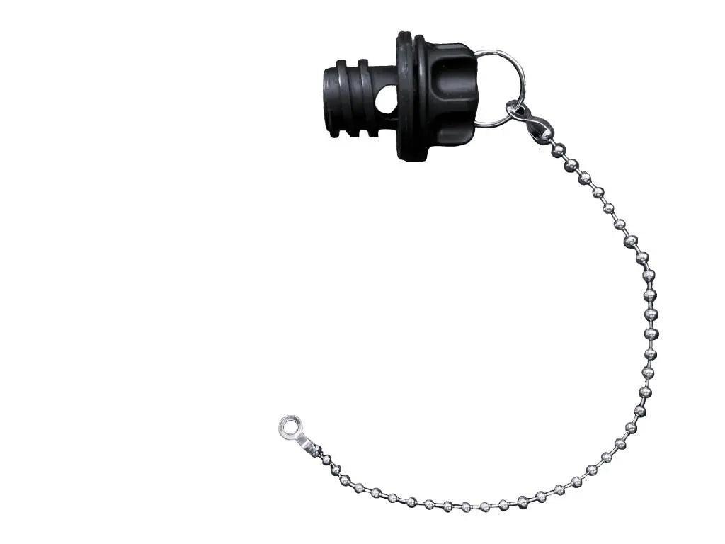 Longship Series one-stage drain plug by Iceland Coolers, featuring a compact design with tethered metal chain for easy retention.