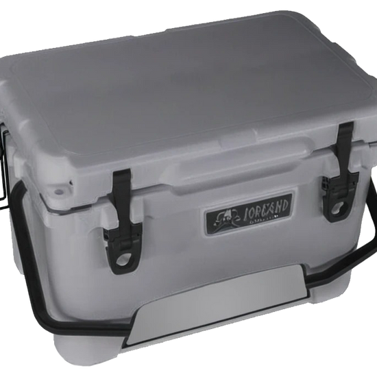 Gray Iceland Coolers roto-molded cooler with heavy-duty latches, black handle, and metal side-mounted cup holder.