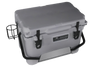Gray Iceland Coolers roto-molded cooler with heavy-duty latches, black handle, and metal side-mounted cup holder.