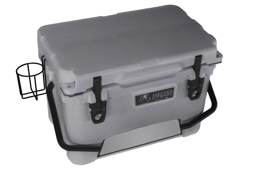 Gray Iceland Coolers roto-molded cooler with heavy-duty latches, black handle, and metal side-mounted cup holder.
