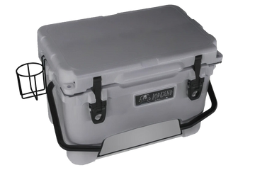 Gray Iceland Coolers roto-molded cooler with heavy-duty latches, black handle, and metal side-mounted cup holder.
