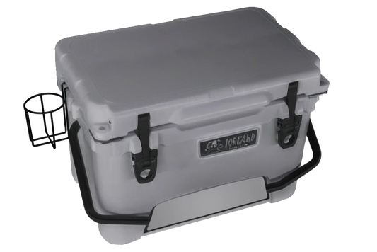 Gray Iceland Coolers roto-molded cooler with heavy-duty latches, black handle, and metal side-mounted cup holder.