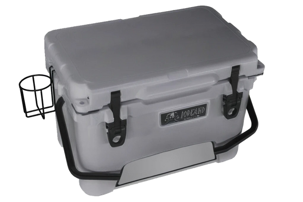 Gray Iceland Coolers roto-molded cooler with heavy-duty latches, black handle, and metal side-mounted cup holder.