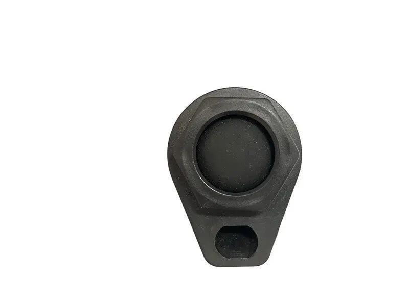 Black push-button drain spout lid for Iceland Coolers Berserker Bucket, shown from front view.