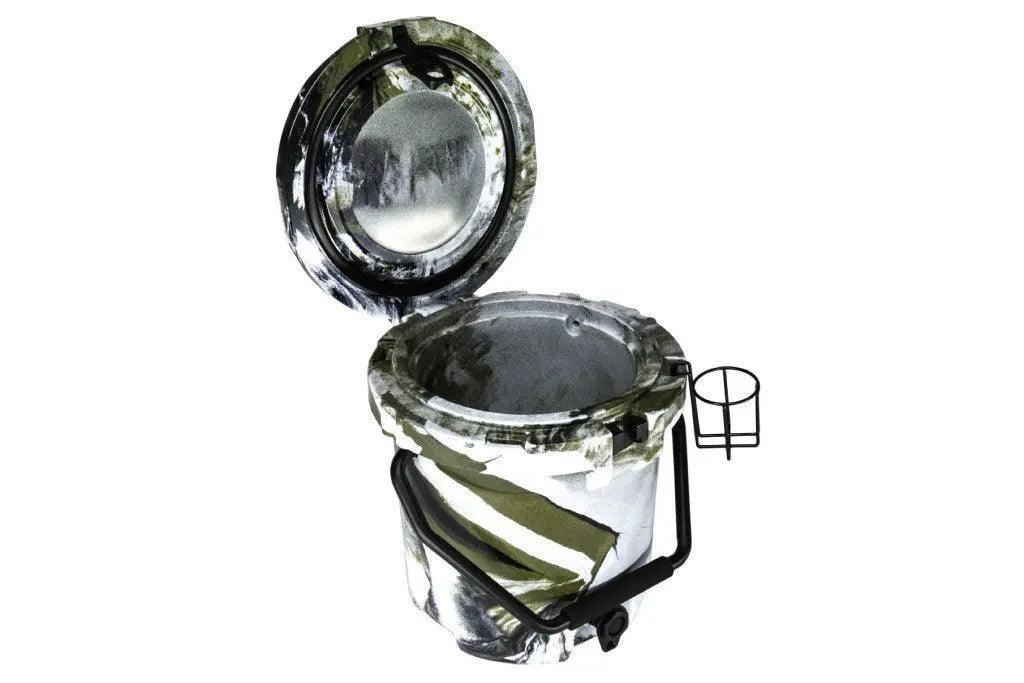 Iceland Coolers 5-gal rotomolded cooler with lid open, showing deep interior, carry handle, drink holder, and rugged camo design.