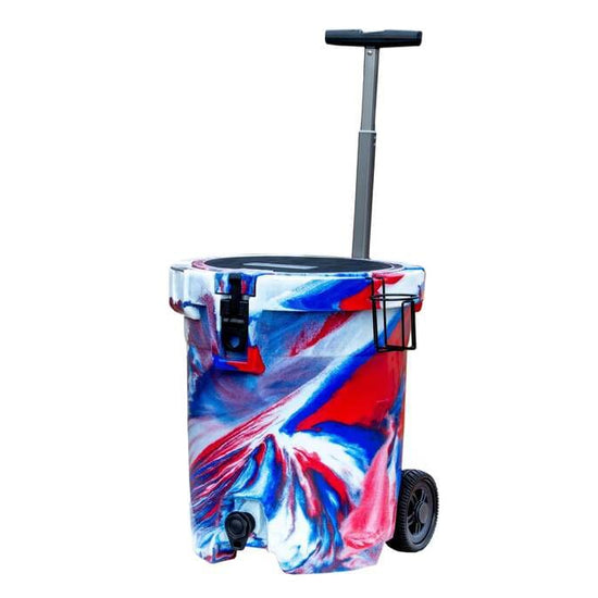 Iceland Coolers 7.5-gal red, white & blue wheeled cooler with spout, cup holder, and tall handle—rugged for tailgates or travel.