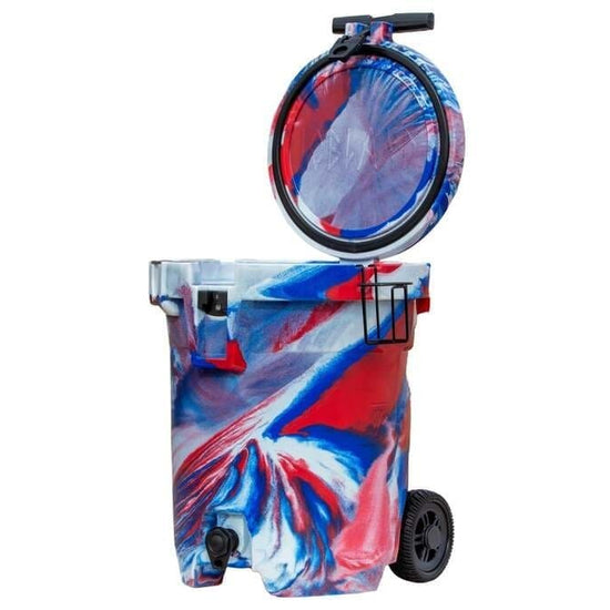 Iceland Coolers 7.5-gal red, white & blue cooler with lid open, cup holder, wheels, and spout—patriotic design for outdoor use.