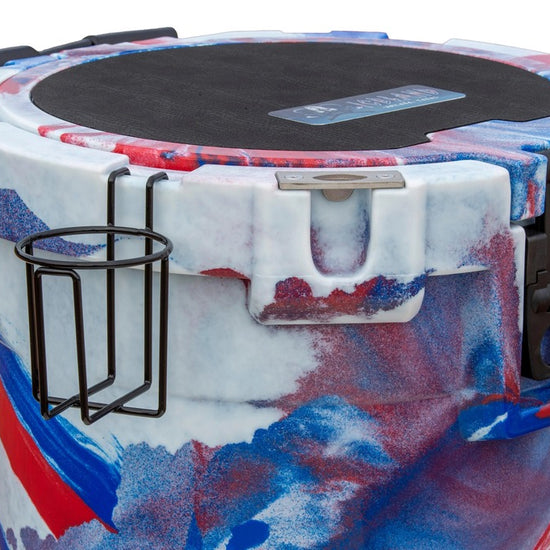 Close-up of Iceland Coolers 7.5-gal red, white & blue bucket cooler showing cup holder, secure latch, and textured black lid.
