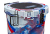 Close-up of Iceland Coolers 7.5-gal red, white & blue bucket cooler showing cup holder, secure latch, and textured black lid.