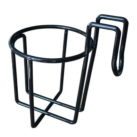 Black metal hanging cup and bottle holder for Iceland Coolers, designed to clip securely onto the cooler's side.