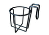 Black metal hanging cup and bottle holder for Iceland Coolers, designed to clip securely onto the cooler's side.