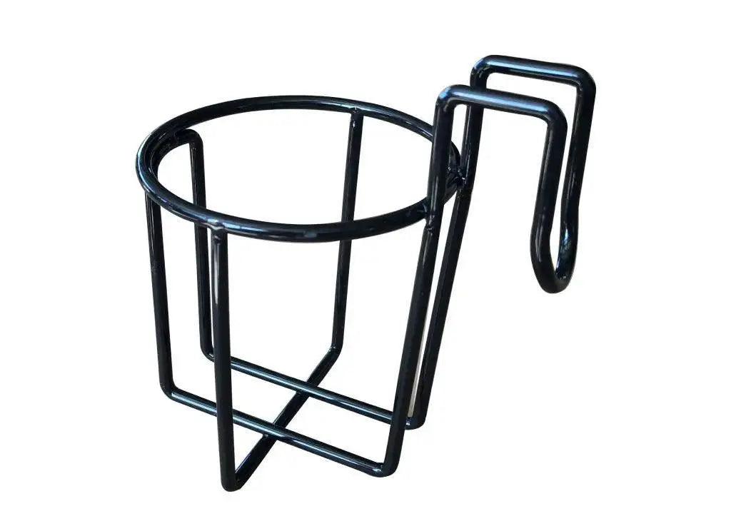 Black metal hanging cup and bottle holder for Iceland Coolers, designed to clip securely onto the cooler's side.