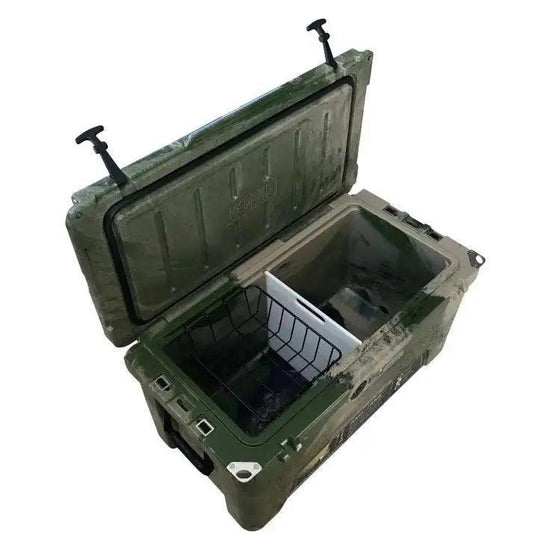 Open Iceland Coolers camo ice chest with cutting board divider and basket insert for organized food and gear storage.