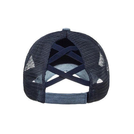 Back view of Iceland Coolers ponytail hat with criss-cross elastic bands and breathable mesh for high ponytail support.
