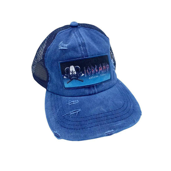 Distressed Iceland Coolers ponytail hat in denim blue with mesh back and Abilene, Texas logo patch on front panel.
