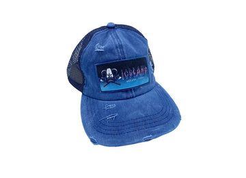Distressed Iceland Coolers ponytail hat in denim blue with mesh back and Abilene, Texas logo patch on front panel.