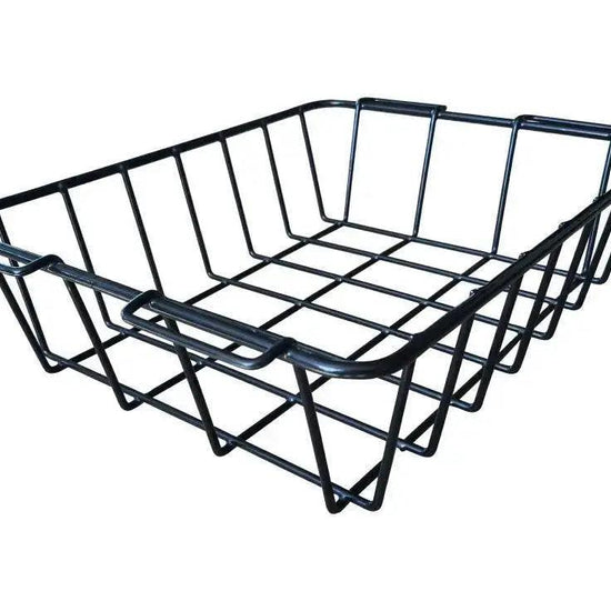 Black wire hanging basket for Iceland Coolers, designed to organize dry goods and keep items elevated above ice or cold storage.