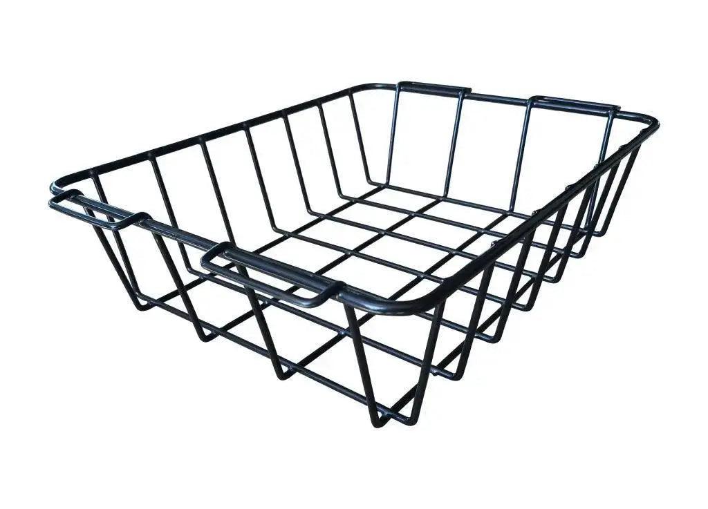 Black wire hanging basket for Iceland Coolers, designed to organize dry goods and keep items elevated above ice or cold storage.