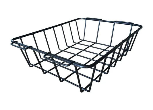 Black wire hanging basket for Iceland Coolers, designed to organize dry goods and keep items elevated above ice or cold storage.